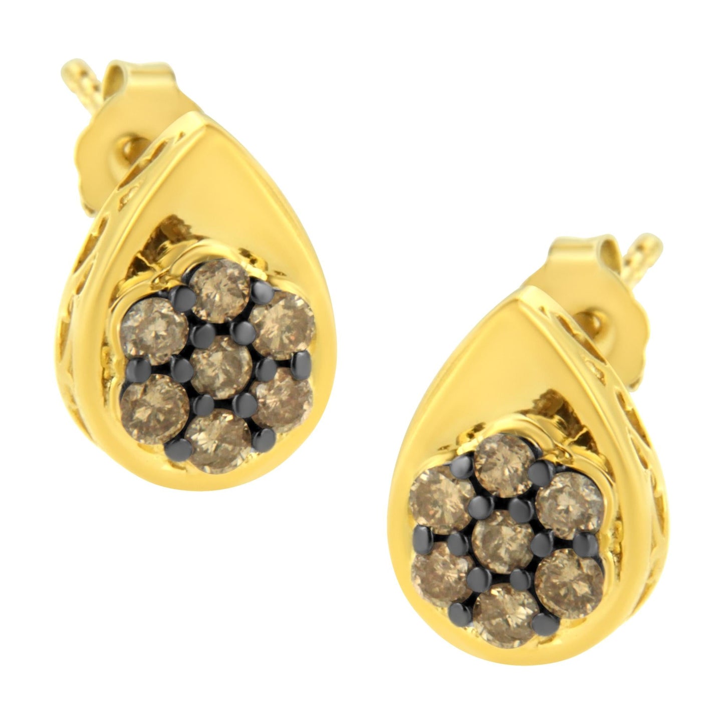 10K Yellow Gold Plated .925 Sterling Silver 1/2 Cttw Prong Set Round-Cut Diamond Floral Cluster Stud Earring (Champagne Color, I1-I2 Clarity)