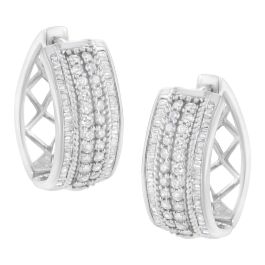 .925 Sterling Silver 1.0 Cttw Round and Baguette-Cut Diamond Hoop Earring (H-I Color, I2-I3 Clarity)