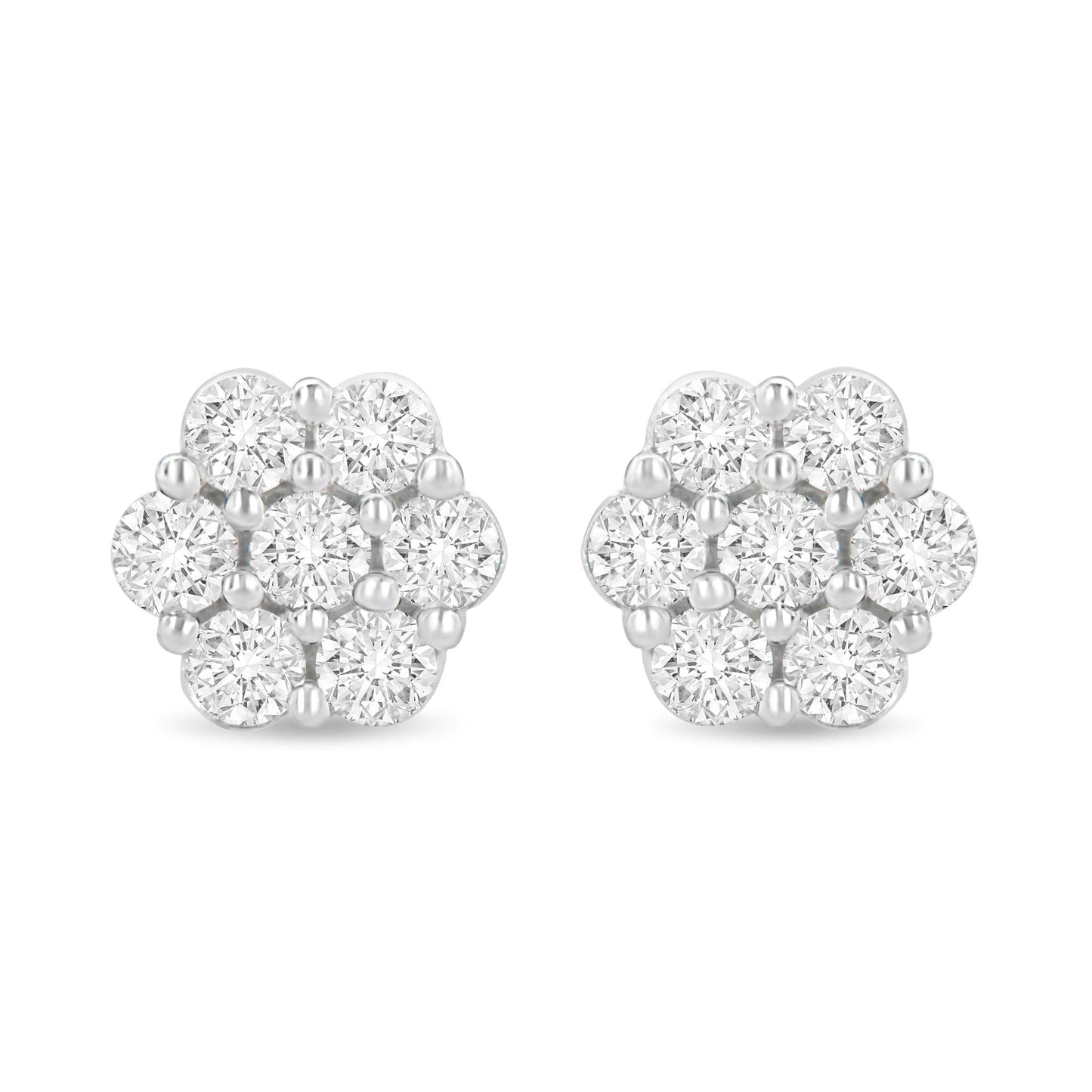 14K White Gold 1 1/2 cttw Prong Set Round-Cut Diamond Floral Cluster Stud Earrings (I-J Color, SI1-SI2 Clarity)