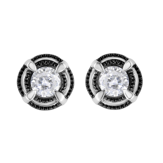 Black Rhodium Plated .925 Sterling Silver Round Diamond Double Halo 4-Prong Solitaire Milgrain Stud Earrings