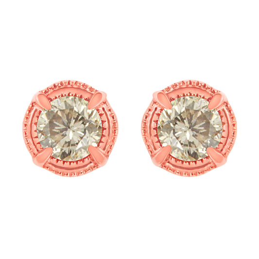 .925 Sterling Silver Round Brilliant Cut Diamond Solitaire Milgrain Stud Earrings