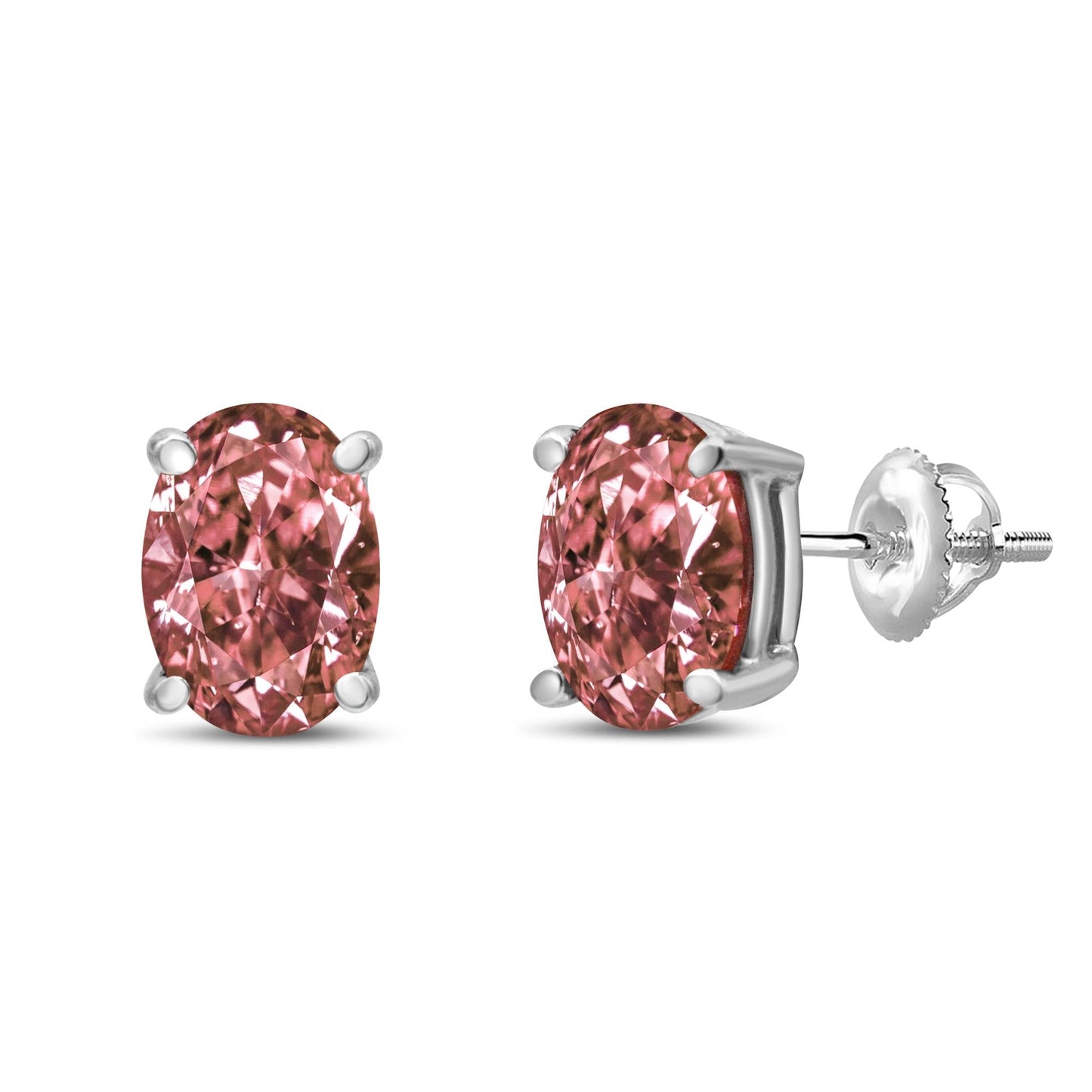 14K White Gold Lab Grown Pink Oval 4 Prong Set Classic Diamond Solitaire Stud Earrings (Pink Color, VS2-SI1 Clarity)