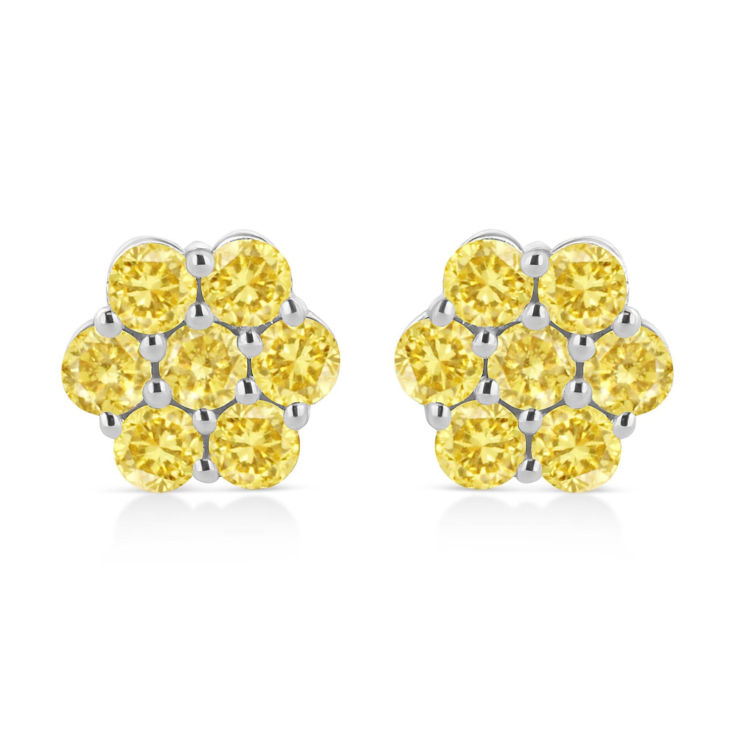 .925 Sterling Silver  Prong Set Round-Cut Treated Colored Diamond Floral Cluster Stud Earring - Choice of Diamond Colors and Total Weights