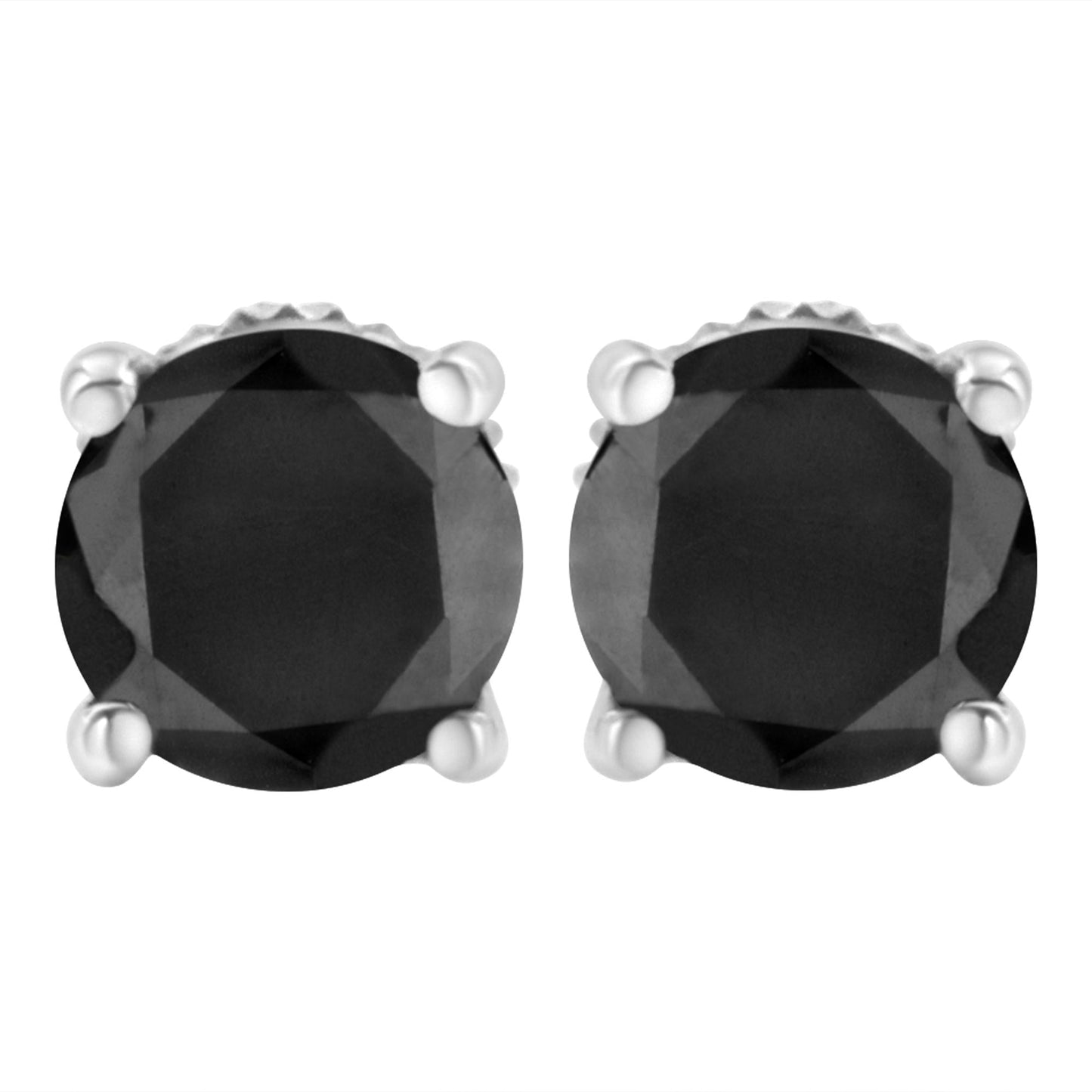 14K White Gold Round Brilliant-Cut Black Diamond Classic 4-Prong Stud Earrings with Screw Backs (Fancy Color-Enhanced, I2-I3 Clarity)