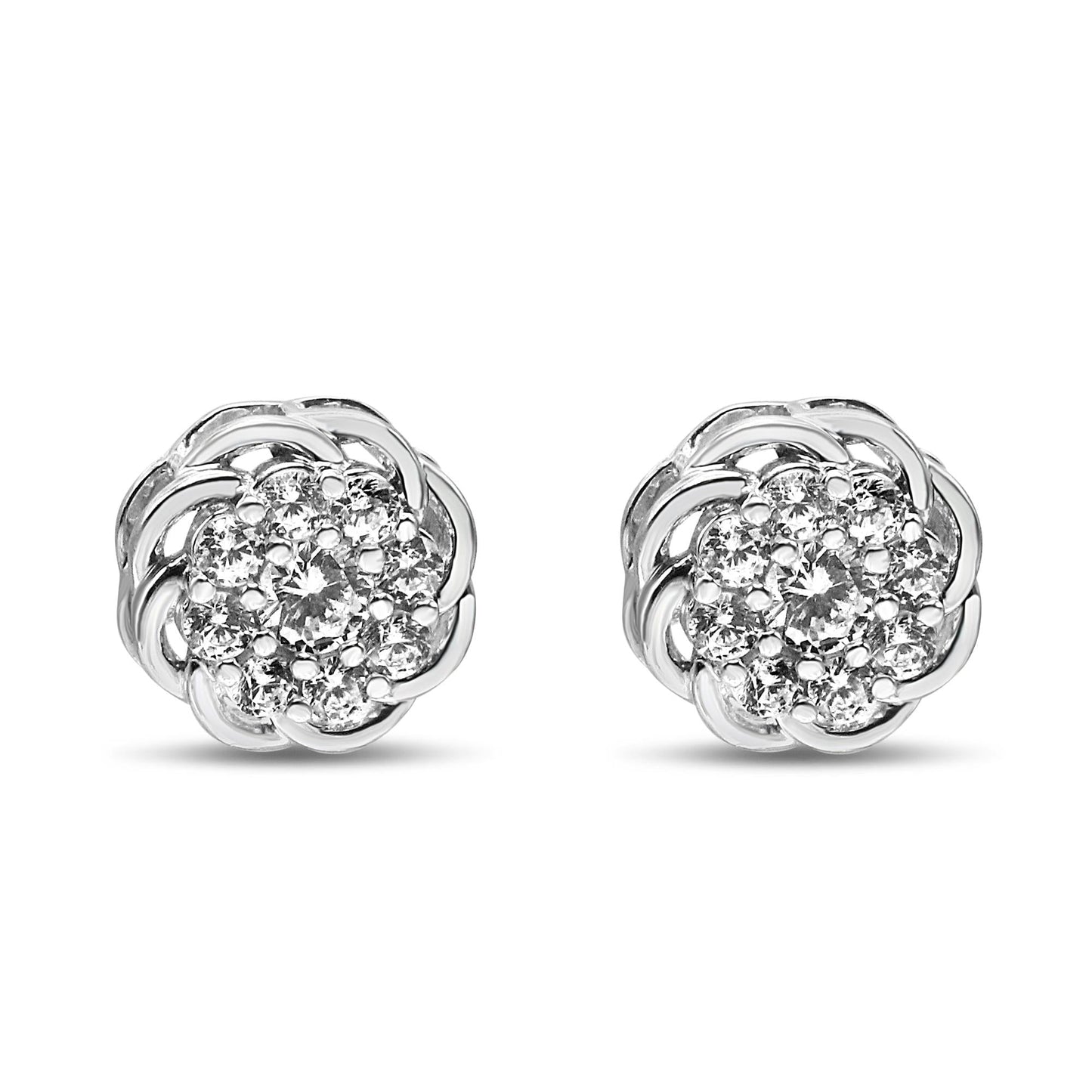 .925 Sterling Silver 1/2 Cttw Round Diamond Cluster Openwork Floral Halo Stud Earrings (I1-I2 Clarity, I-J Color)