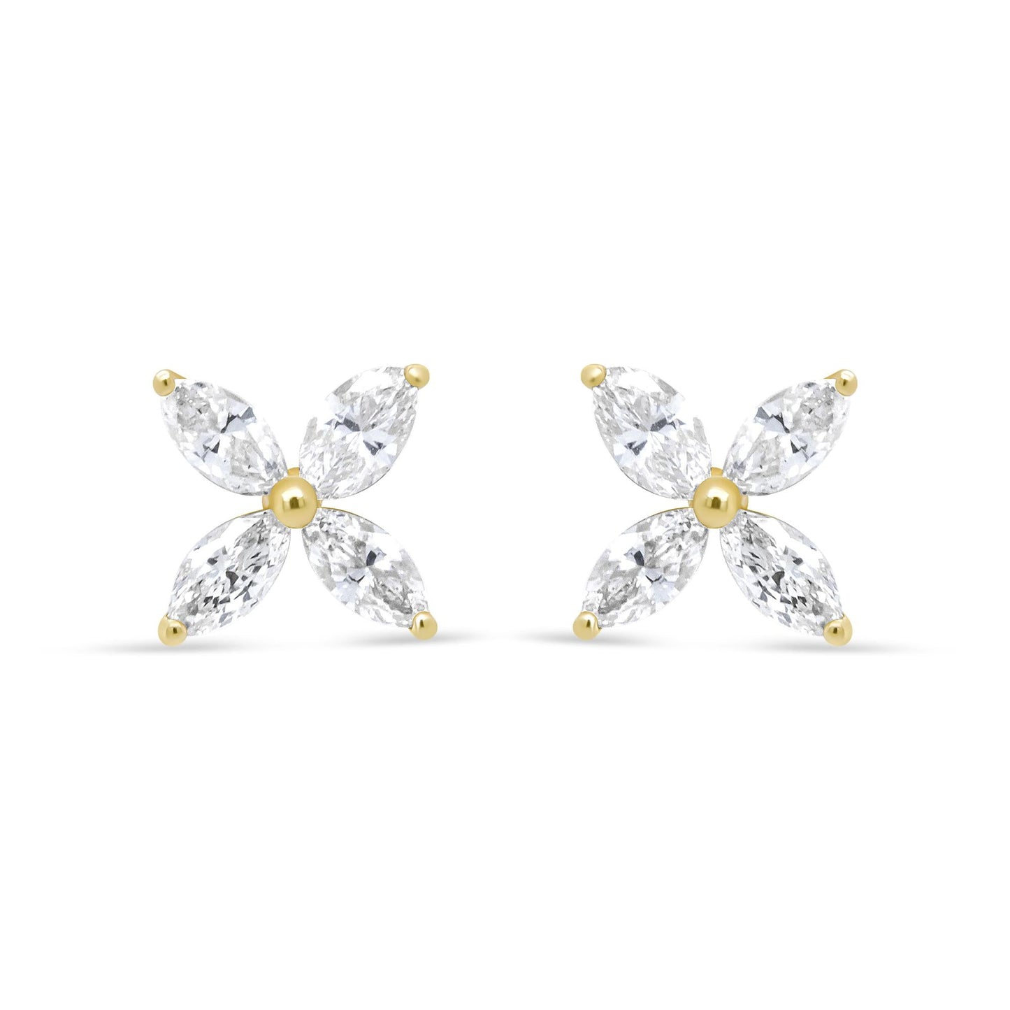 14K Gold Marquise Diamond 8 Stone Floral Leaf Stud Earrings (I-J Color, SI2-I1 Clarity)