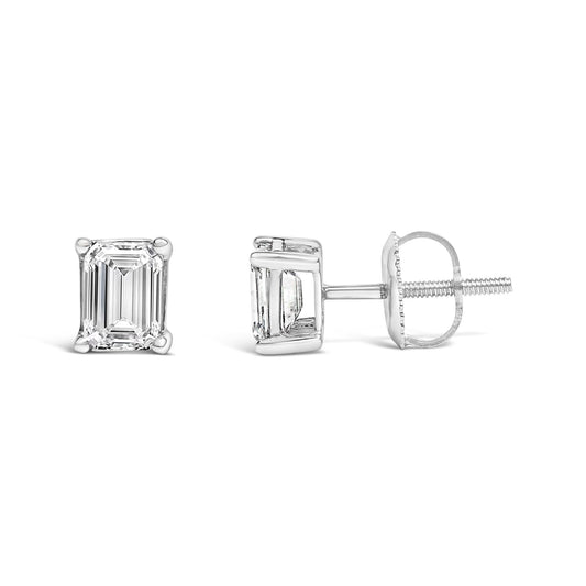 14K White Gold 1 1/2 Cttw Emerald Cut Lab-Grown Diamond Solitaire Stud Earrings (F-G Color, VS1-VS2 Clarity)