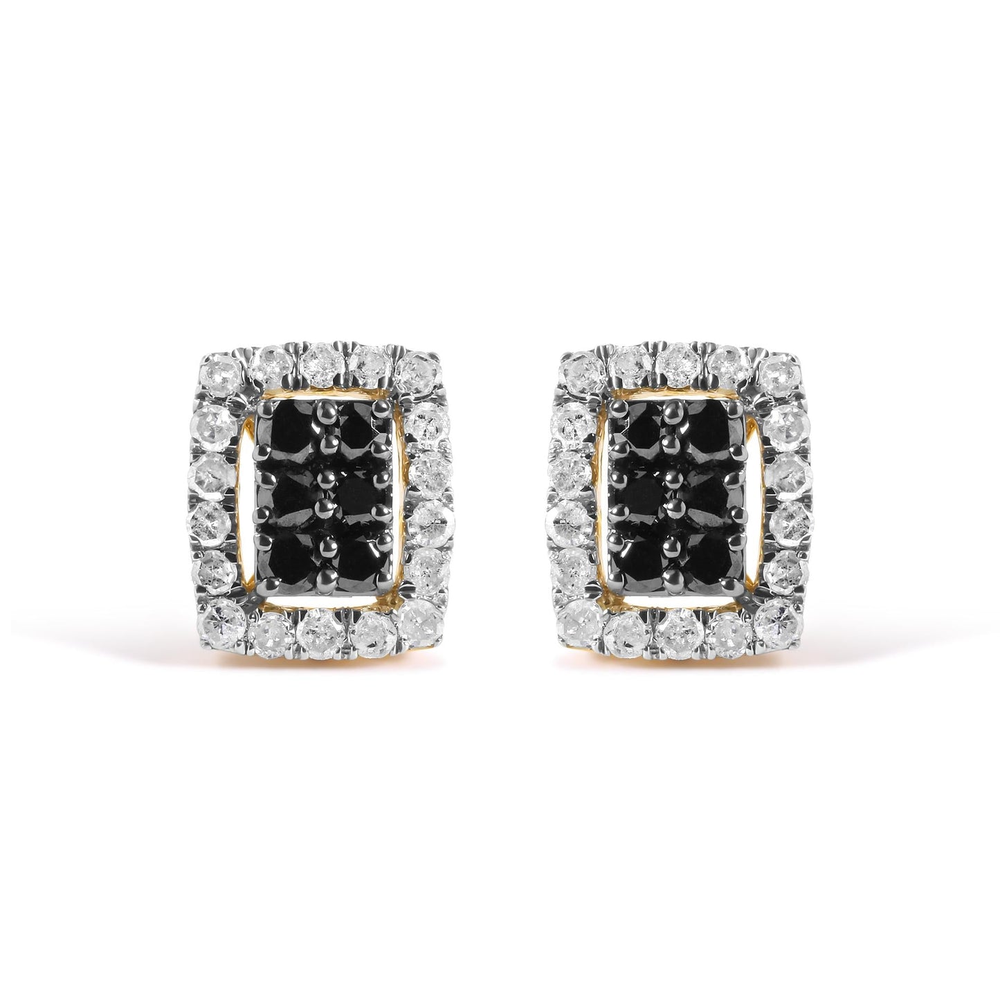 Men's 10K Yellow Gold 1.00 Cttw White and Black Diamond Emerald Shape Halo Stud Earring (Black / I-J Color, I2-I3 Clarity)