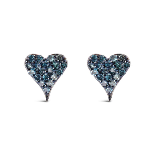 925 Sterling Silver 1/10 Cttw Blue Diamond Heart Shaped Stud Earrings (Blue Color, I3 Clarity)