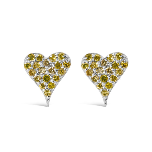 925 Sterling Silver 1/10 Cttw Yellow Diamond Heart Shaped Stud Earrings (Yellow Color, I3 Clarity)