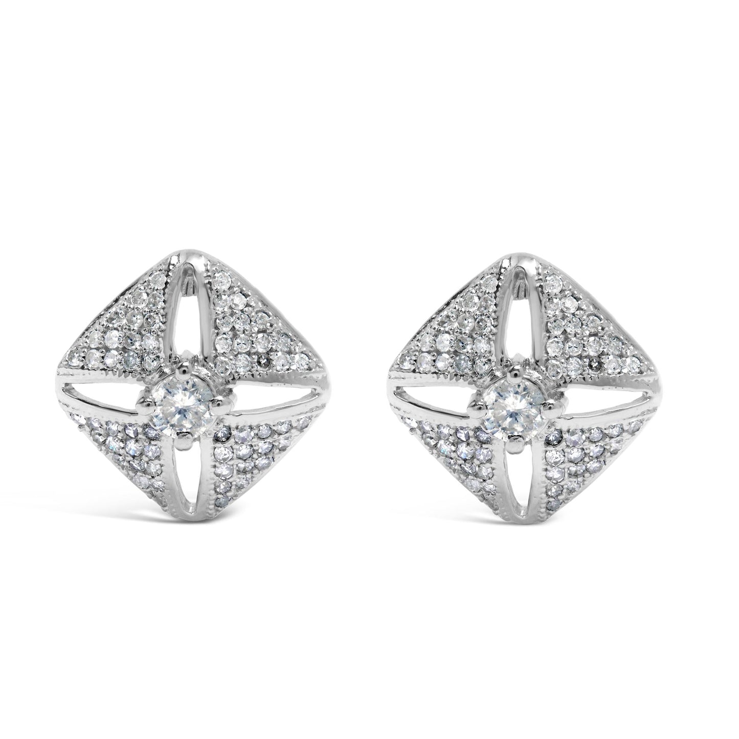 .925 Sterling Silver 1.0 Cttw Diamond Studded Rhombus Stud Earring (H-I Color, I2-I3 Clarity)