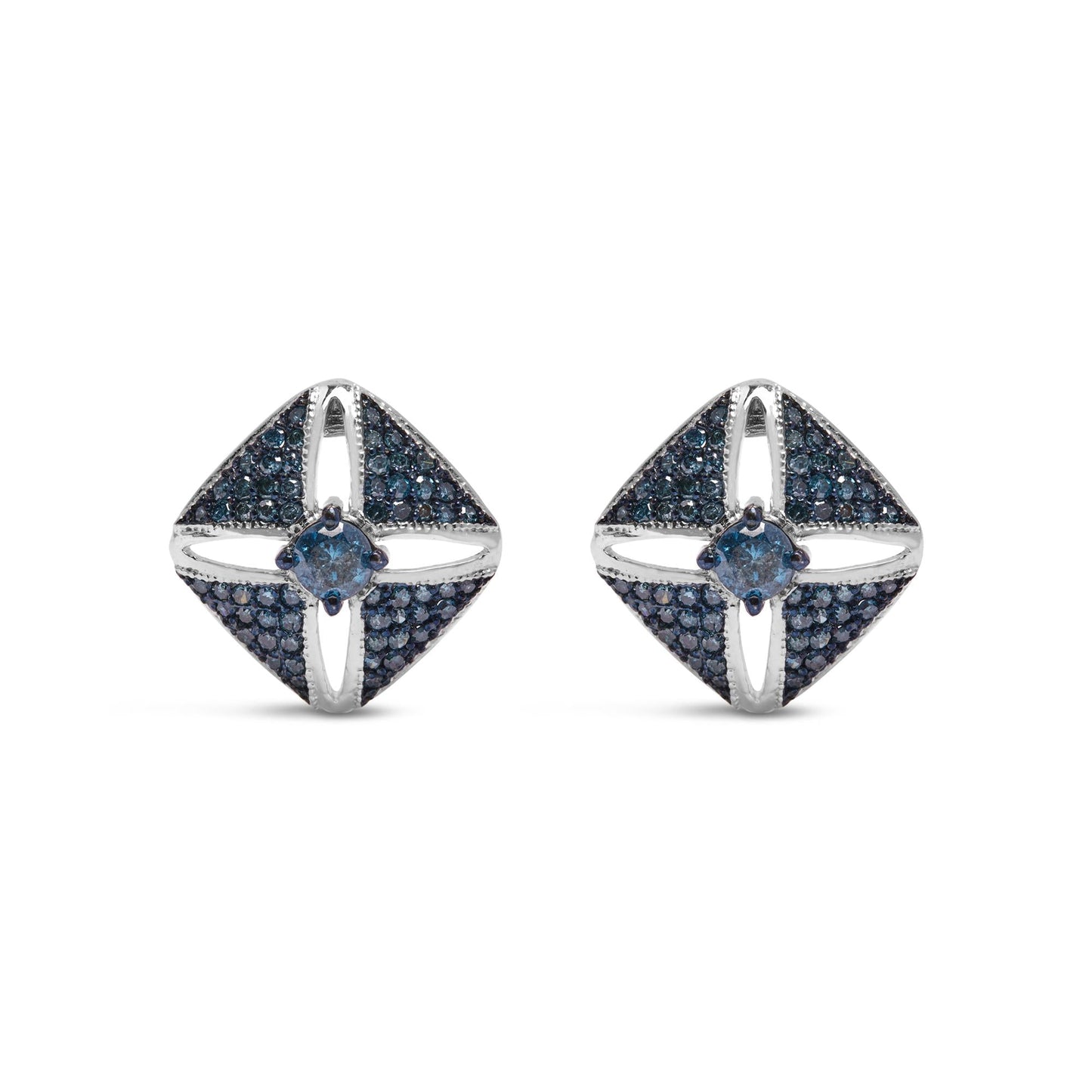 .925 Sterling Silver 1.0 Cttw Blue Diamond Studded Rhombus Stud Earring (Blue Color, I2-I3 Clarity)