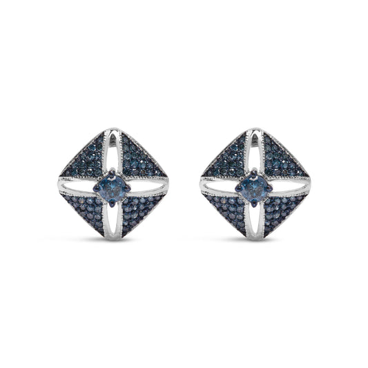 .925 Sterling Silver 1.0 Cttw Blue Diamond Studded Rhombus Stud Earring (Blue Color, I2-I3 Clarity)