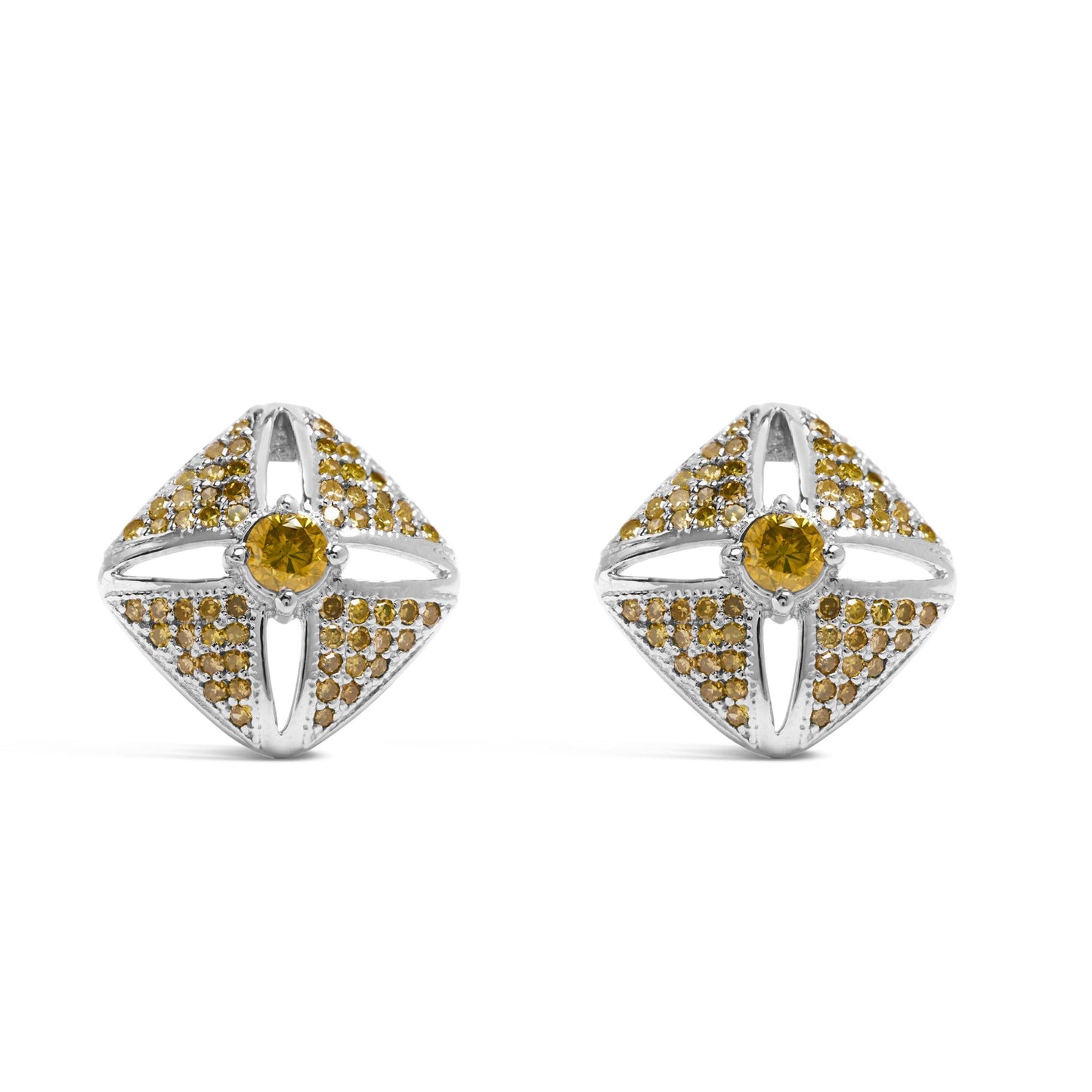 .925 Sterling Silver 1.0 Cttw Yellow Diamond Studded Rhombus Stud Earring (Yellow Color, I2-I3 Clarity)