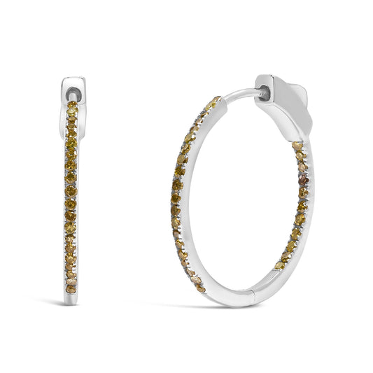 .925 Sterling Silver 1/3 Cttw Inside Out Yellow Treated Diamond 1MM Wide Hoop Earrings (Yellow Color, I2-I3 Clarity)