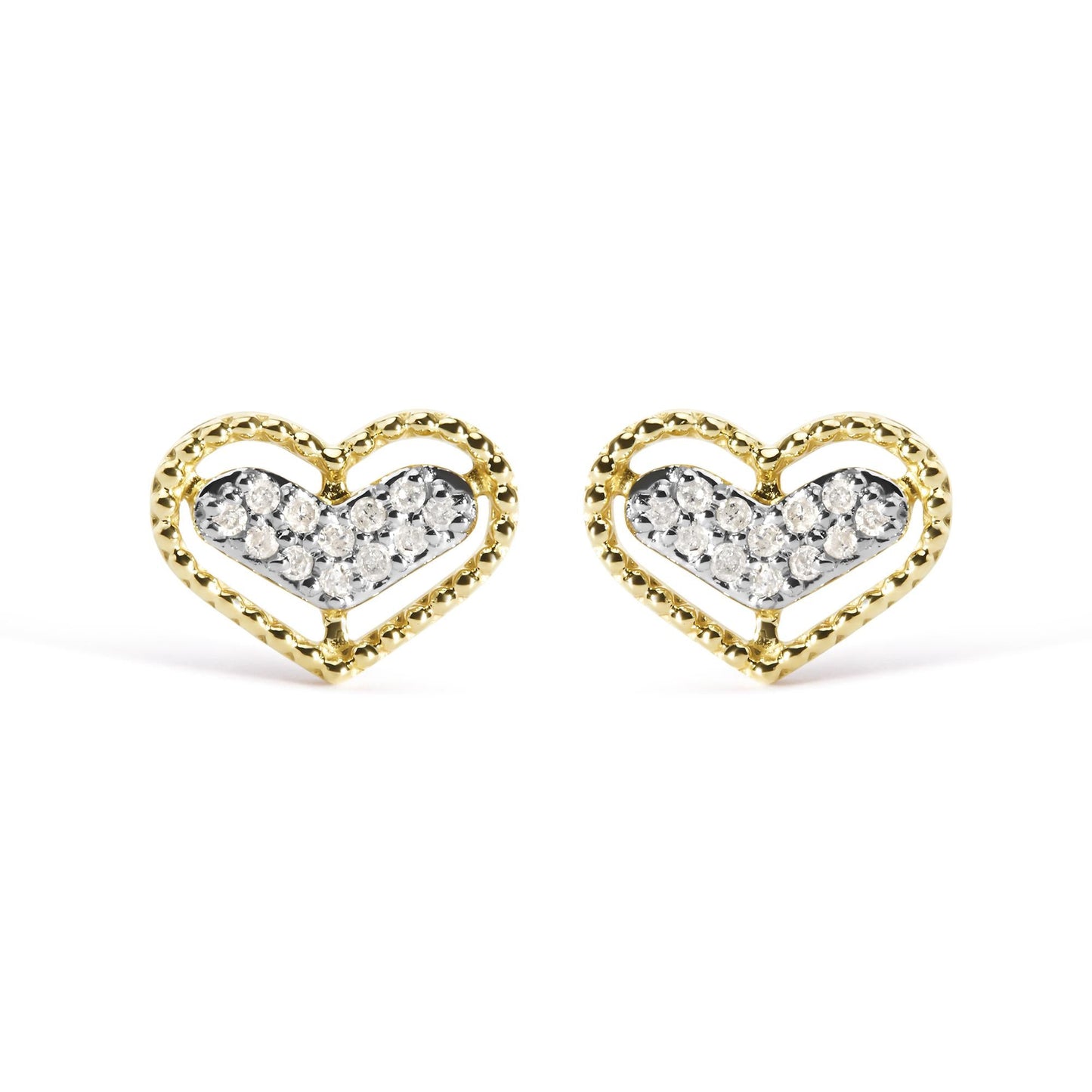 10K Yellow Gold 1/10 Cttw Diamond Heart and Beaded Halo Stud Earrings (I-J Color, I1-I2 Clarity)