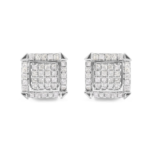 10K White Gold 1 1/10 Cttw Princess Diamond Composite and Halo Stud Earrings (I-J Color, I1-I2 Clarity)