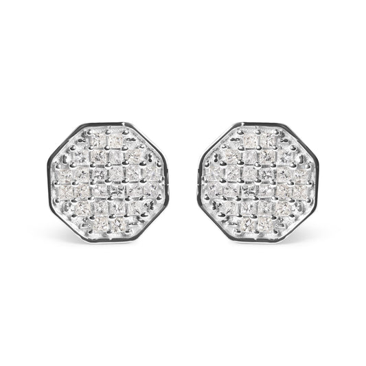 10K White Gold 7/8 Cttw Princess Diamond Composite Octagon Shaped Stud Earrings (I-J Color, I1-I2 Clarity)