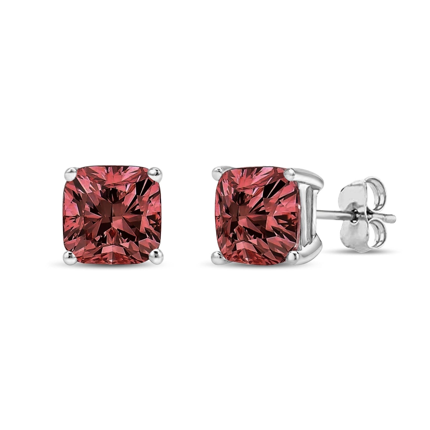 14K White Gold Lab Grown Pink Cushion 4-Prong Set Classic Diamond Solitaire Stud Earrings (Pink Color, VS1-VS2 Clarity)