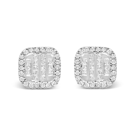 10K White Gold 7/8 Cttw Diamond Princess Composite and Halo Stud Earrings (I-J Color, I1-I2 Clarity)