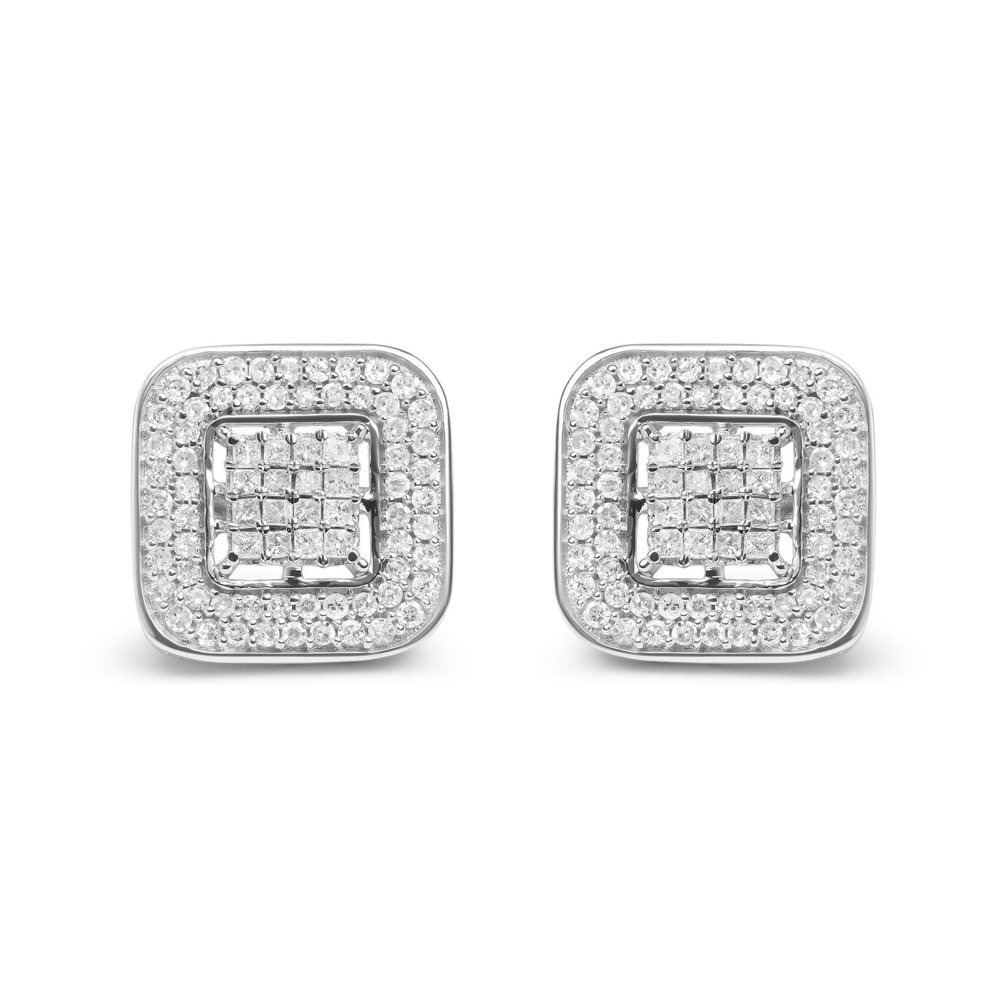 10K White Gold 1.0 Cttw Round and Princess Cut Diamond Composite Open Halo Stud Earrings (H-I Color, SI1-SI2 Clarity)