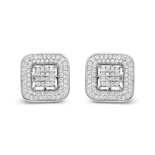 10K White Gold 1.0 Cttw Round and Princess Cut Diamond Composite Open Halo Stud Earrings (H-I Color, SI1-SI2 Clarity)