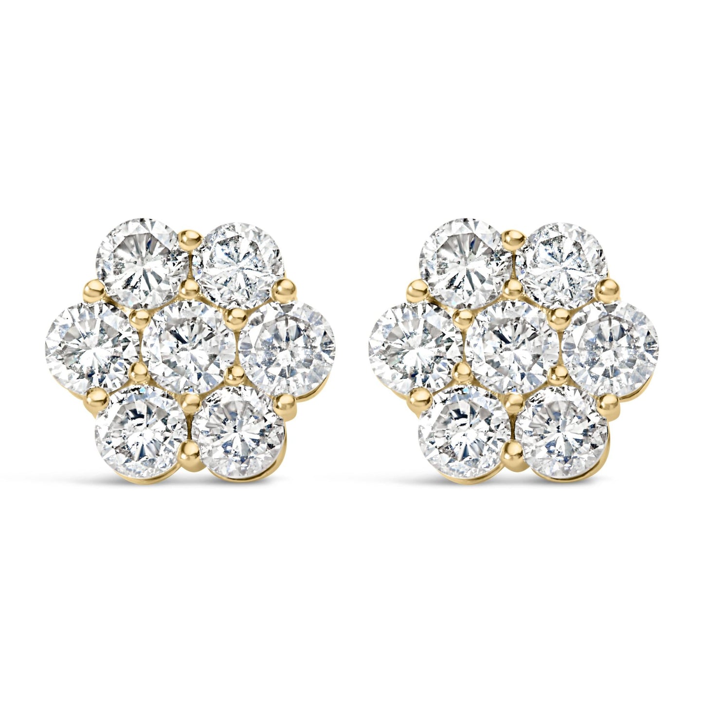 14K Yellow Gold 5.0 Cttw 7 Stone Floral Cluster Round Brilliant Cut Diamond Stud Earrings with Screw Backs (I-J Color, SI2-I1 Clarity)