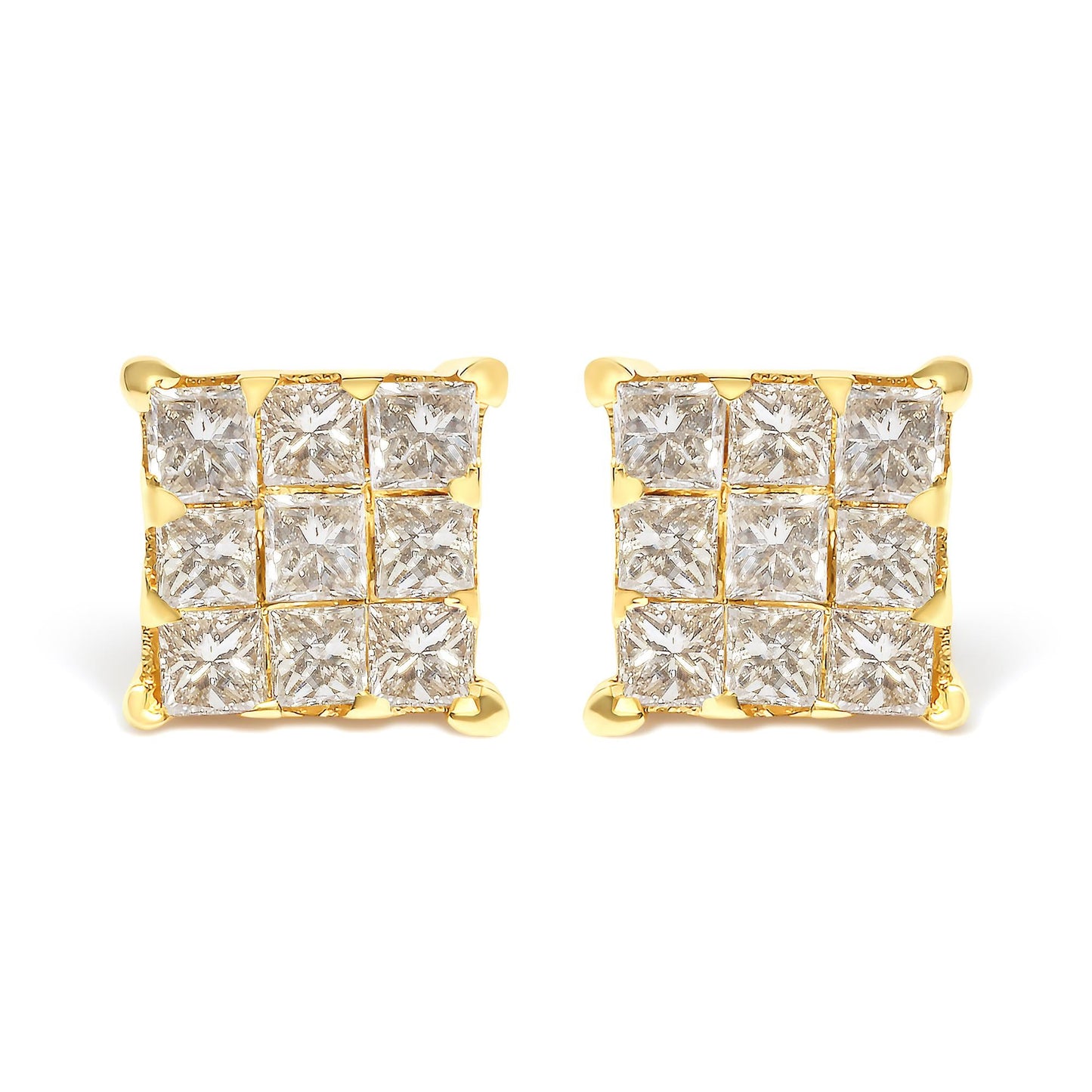 14K Yellow Gold 3/4 Cttw Invisible Set Princess-Cut Diamond 9 Stone Square Stud Earrings (J-K Color, SI2-I1 Clarity)