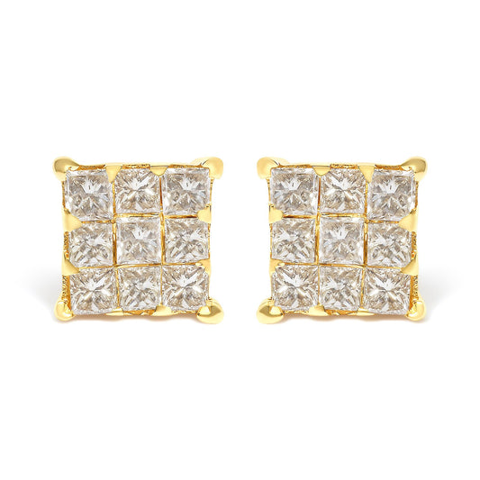 14K Yellow Gold 3/4 Cttw Invisible Set Princess-Cut Diamond 9 Stone Square Stud Earrings (J-K Color, SI2-I1 Clarity)