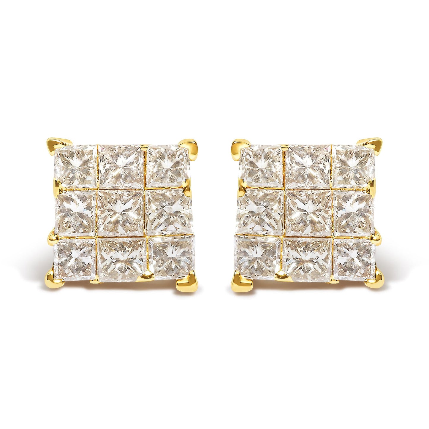 14K Yellow Gold 1.0 Cttw Invisible Set Princess-Cut Diamond 9 Stone Square Stud Earrings (J-K Color, SI2-I1 Clarity)