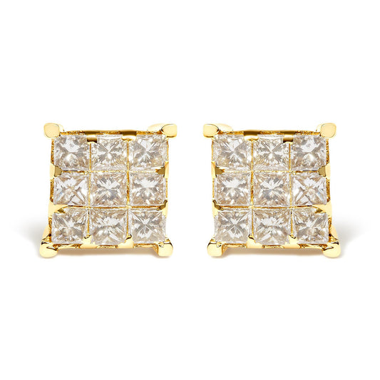 14K Yellow Gold 1 1/2 Cttw Invisible Set Princess-Cut Diamond 9 Stone Square Stud Earrings (J-K Color, SI2-I1 Clarity)