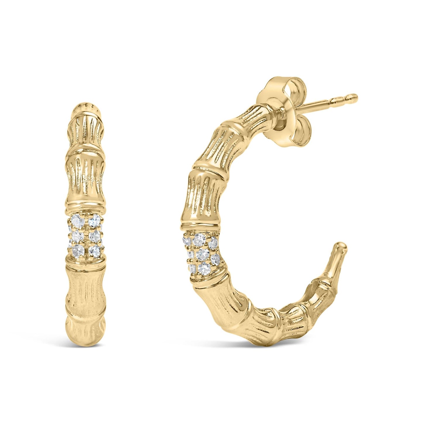 14K Yellow Gold Plated .925 Sterling Silver 1/6 Cttw Hammered J Hoop Earrings (H-I Color, I1-I2 Clarity)