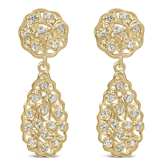 14K Yellow Gold Plated Sterling Silver 1/5 Cttw Diamond Teardrop Filigree Earrings (H-I Color, I1-I2 Clarity)