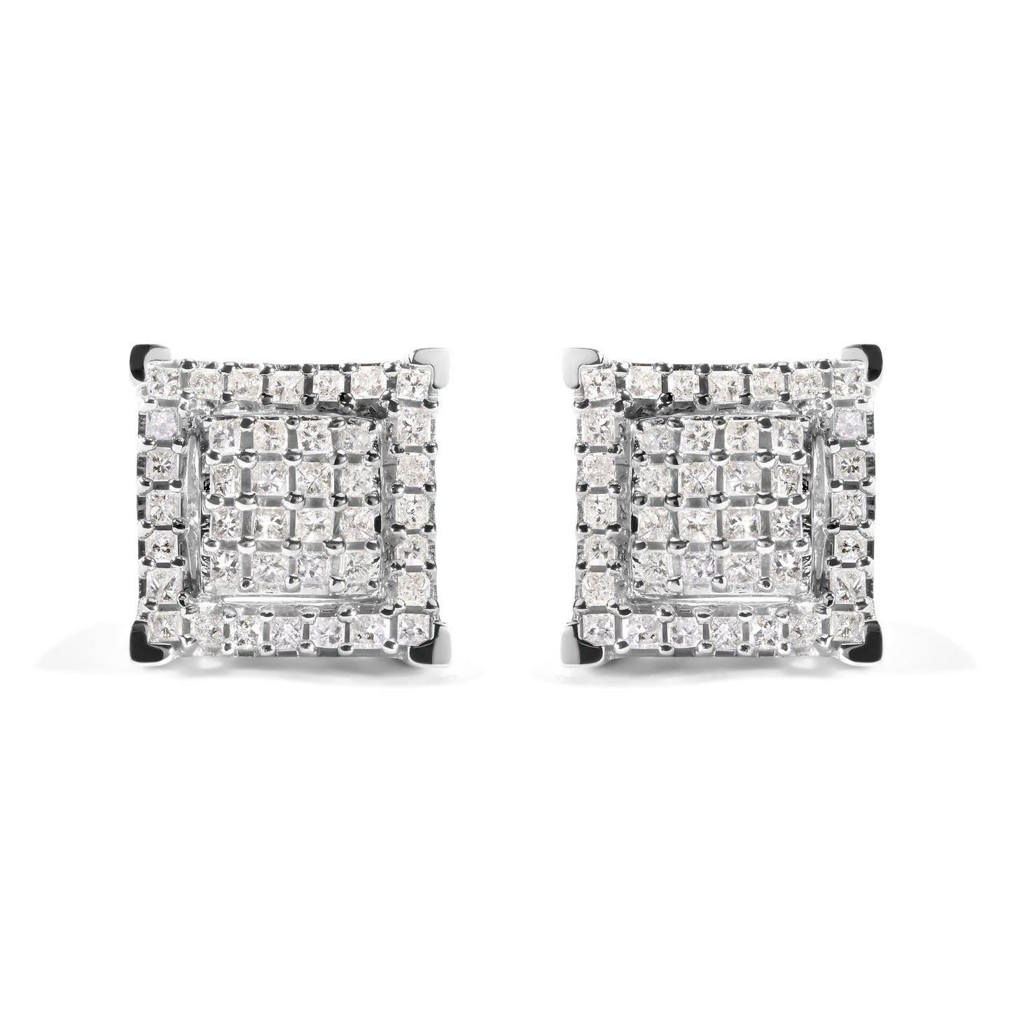 10K White Gold 1 1/4 Cttw Princess Diamond Composite Double Square and Halo Stud Earrings (I-J Color, I1-I2 Clarity)