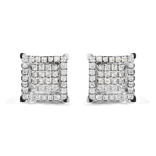 10K White Gold 1 1/4 Cttw Princess Diamond Composite Double Square and Halo Stud Earrings (I-J Color, I1-I2 Clarity)