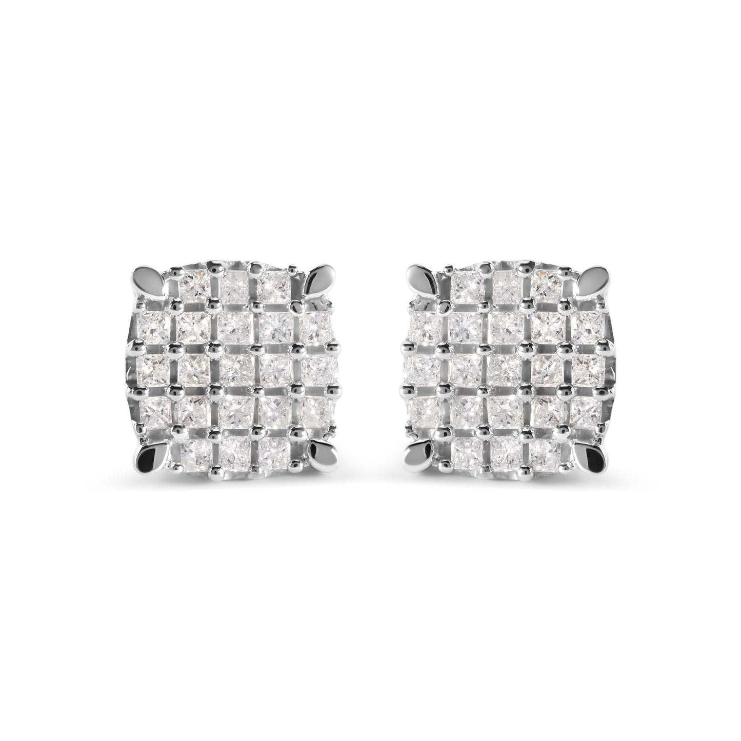 10K White Gold 3/4 Cttw Princess Diamond Composite Cushion Shape Stud Earrings (I-J Color, I1-I2 Clarity)