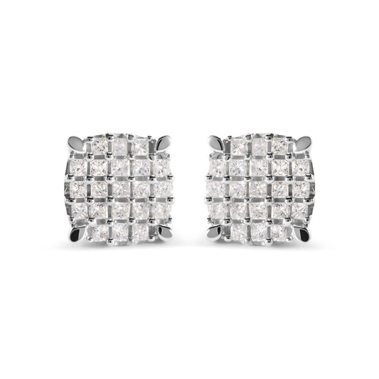 10K White Gold 3/4 Cttw Princess Diamond Composite Cushion Shape Stud Earrings (I-J Color, I1-I2 Clarity)