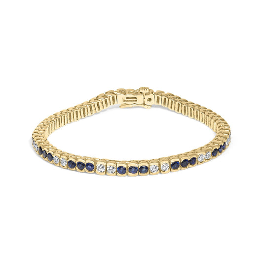 14K Yellow Gold 1 3/4 Cttw Diamond and 5.0 Cttw Blue Sapphire Bezel Set Tennis Bracelet (G-H Color, SI1-SI2 Clarity) - 7" Inches