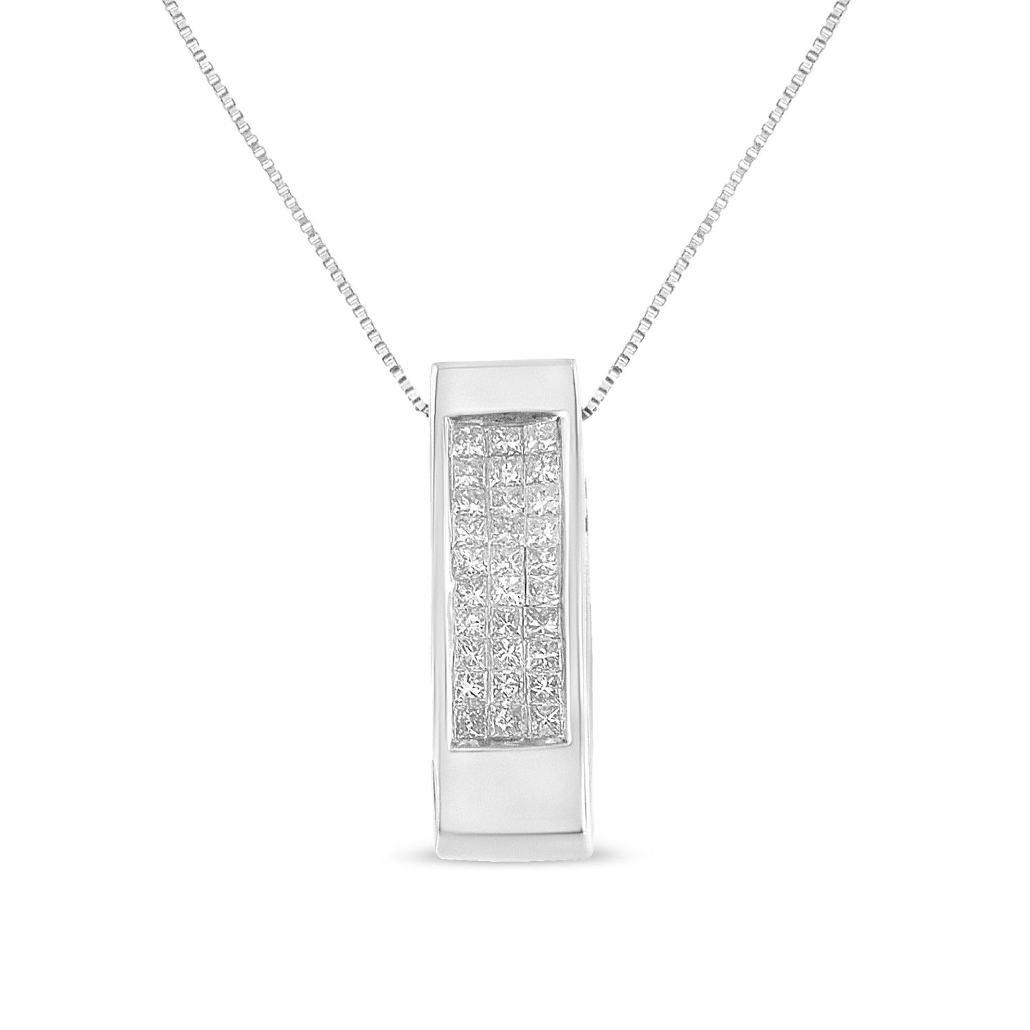 14K Gold 1/2 Cttw Invisible Set Princess Cut Diamond Vertical Bar Block Pendant 18" Necklace (H-I Color, SI2-I1 Clarity)