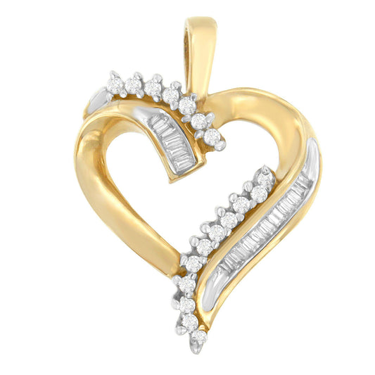 10K Yellow Gold Round and Baguette Diamond Love Forever Heart Pendant Necklace (1/4 cttw, H-I Color, SI1-SI2 Clarity)