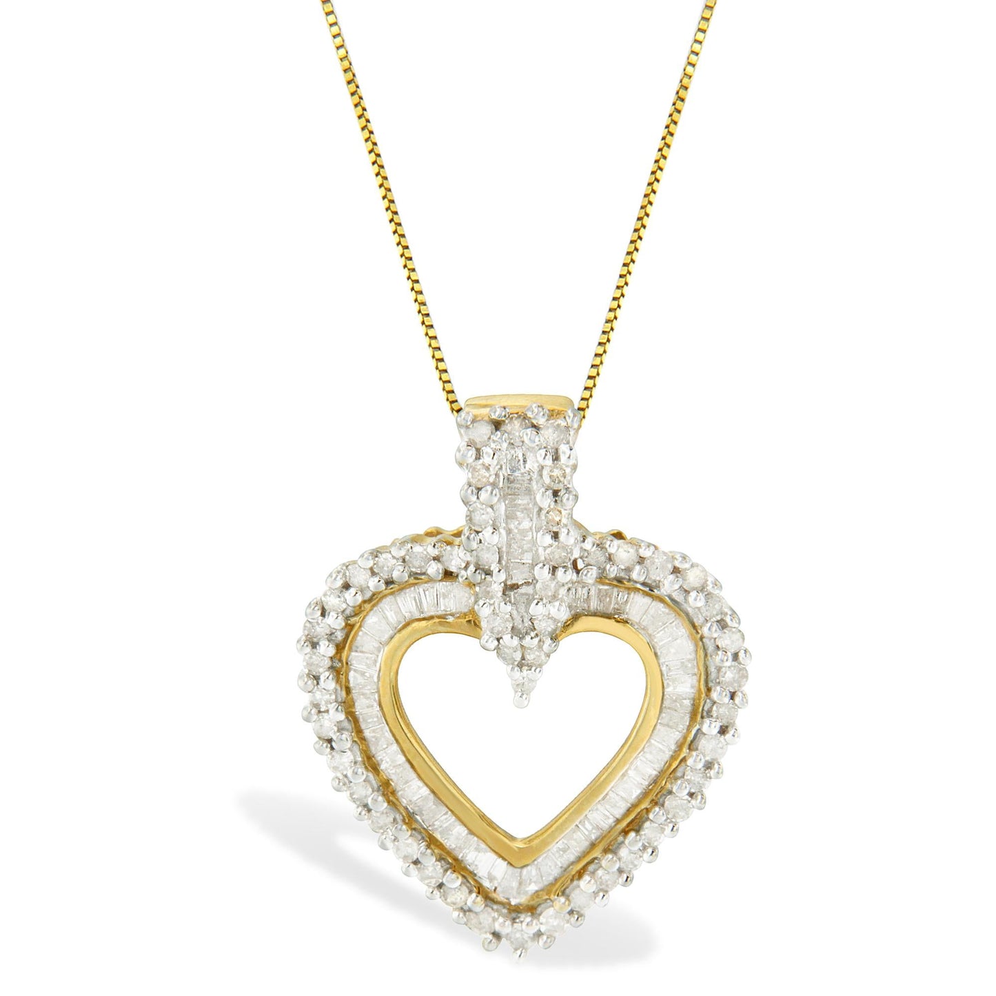 10K Yellow Gold Round and Baguette Cut Diamond Heart Shaped Pendant Necklace (1 cttw, H-I Color, I2-I3 Clarity)