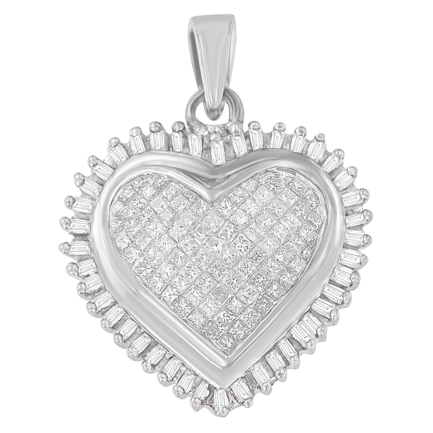 10K White Gold Princess and Baguette Cut Diamond Forever Love Halo Pendant Necklace (1.00 cttw, H-I Color, I2-I3 Clarity)