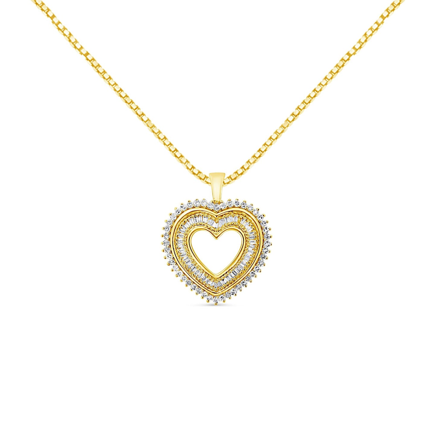 14K Yellow Gold Plated .925 Sterling Silver 1.0 Cttw Round and Baguette-Cut Diamond Composite Hearth 18" Pendant Necklace (I-J Color, I1-I2 Clarity)