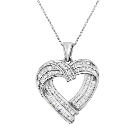 Sterling Silver 7/8 cttw Baguette Diamond Heart Pendant Necklace (I-J, I2-I3)