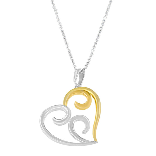 10K Yellow Gold Over .925 Sterling Silver Open Heart with Swirls 18" Box Chain Pendant Necklace