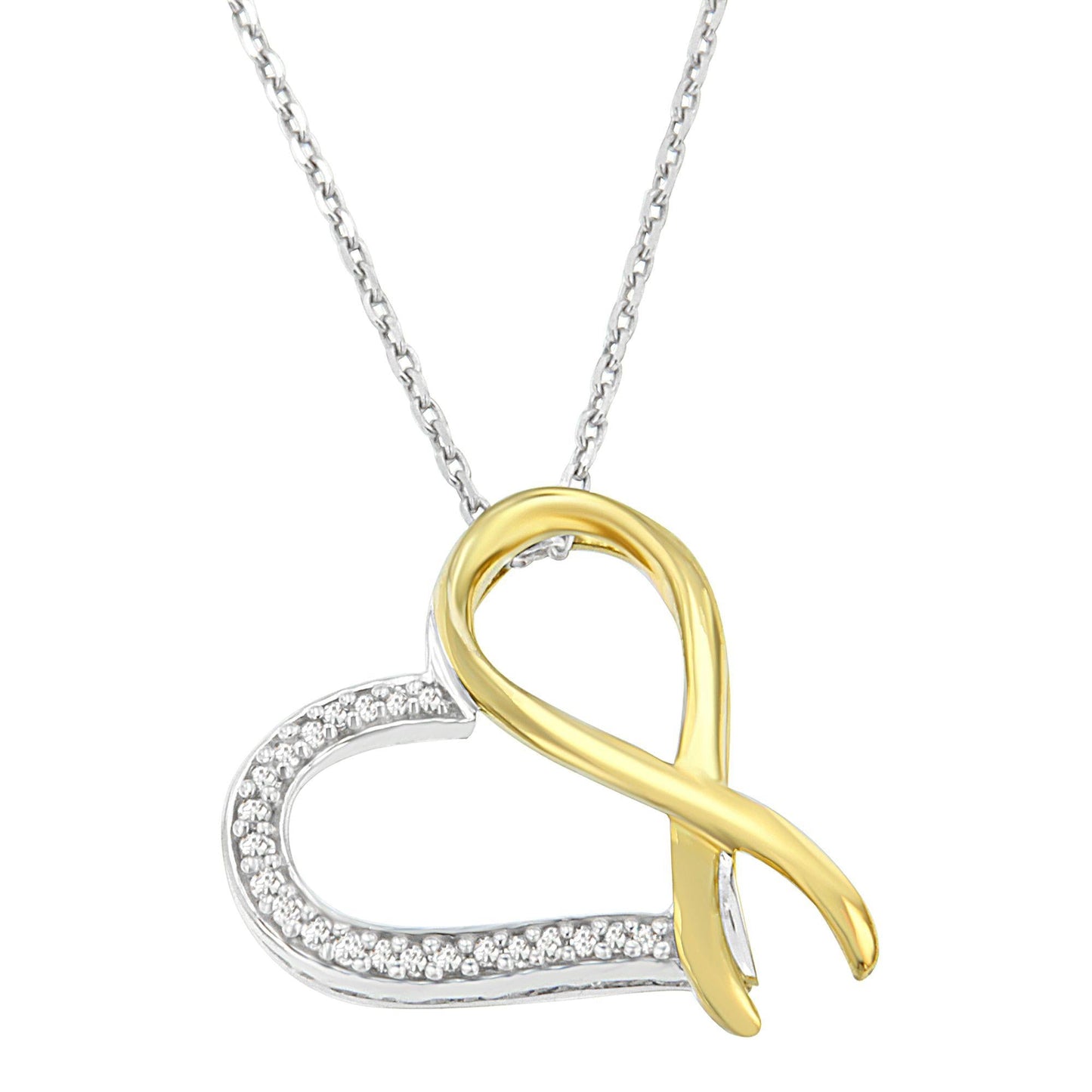 Two-Tone .925 Sterling Silver 1/10 cttw Round Cut Diamond Ribbon Heart Pendant Necklace (H-I, I1-I2)