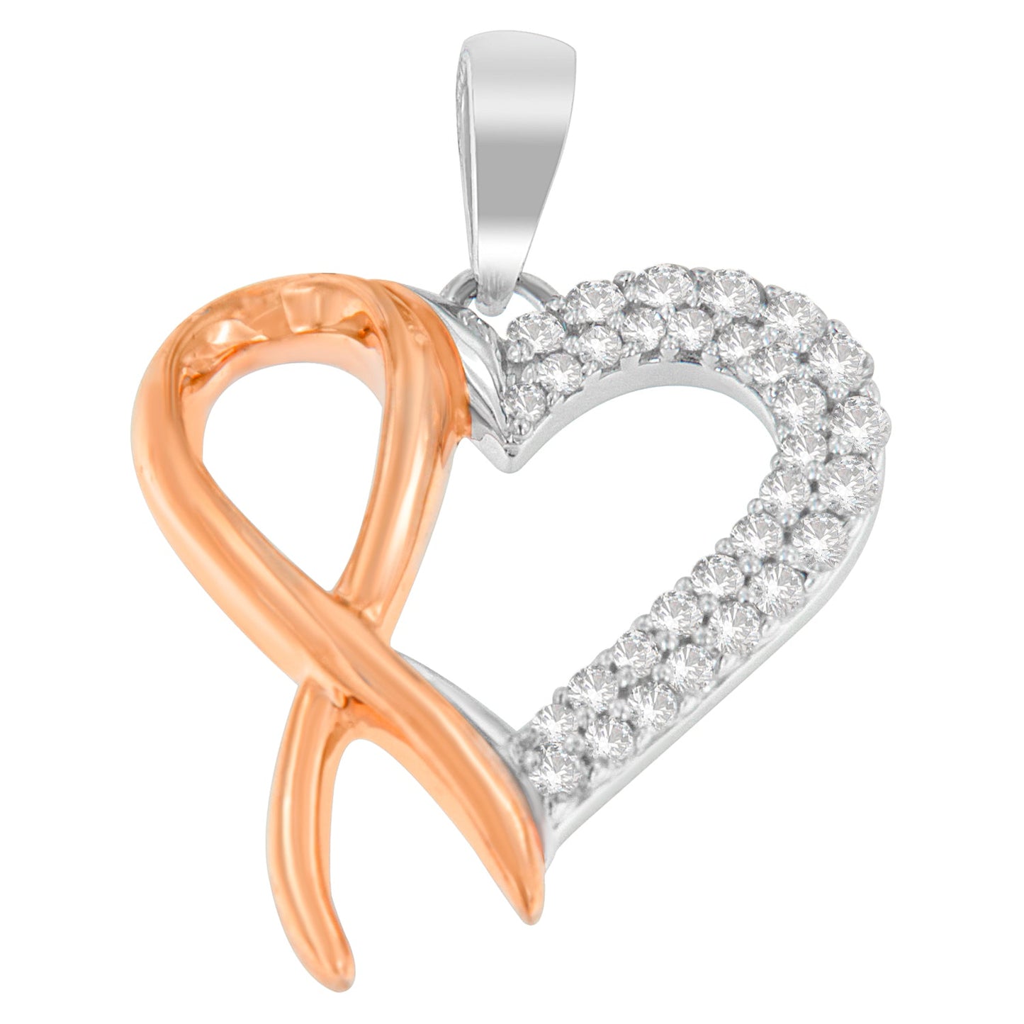 Two-Tone Sterling Silver Round Cut Diamond Ribbon Heart Pendant Necklace (0.25 cttw, H-I Color, I2-I3 Clarity)