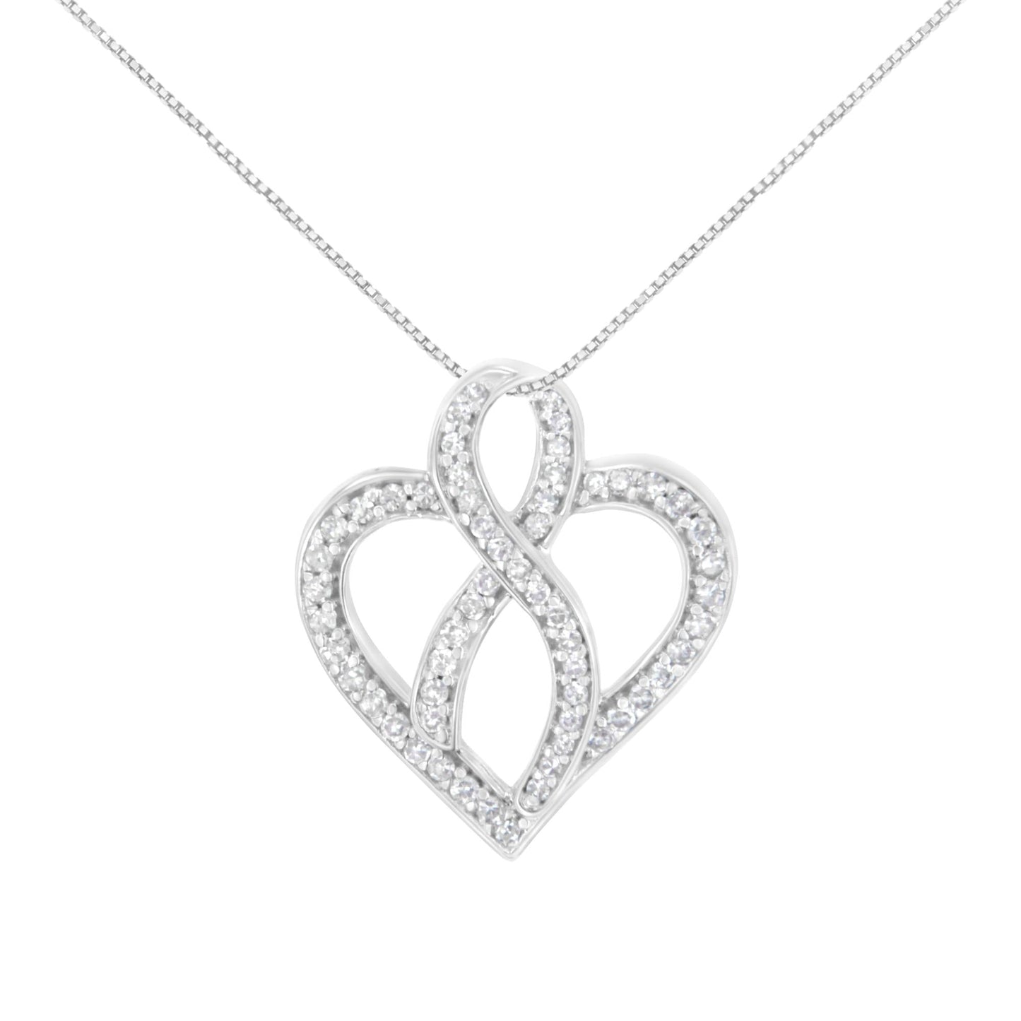 14K White Gold 1/4 cttw Round Cut Diamond Heart and Ribbon Center Pendant Necklace (H-I, I1-I2)