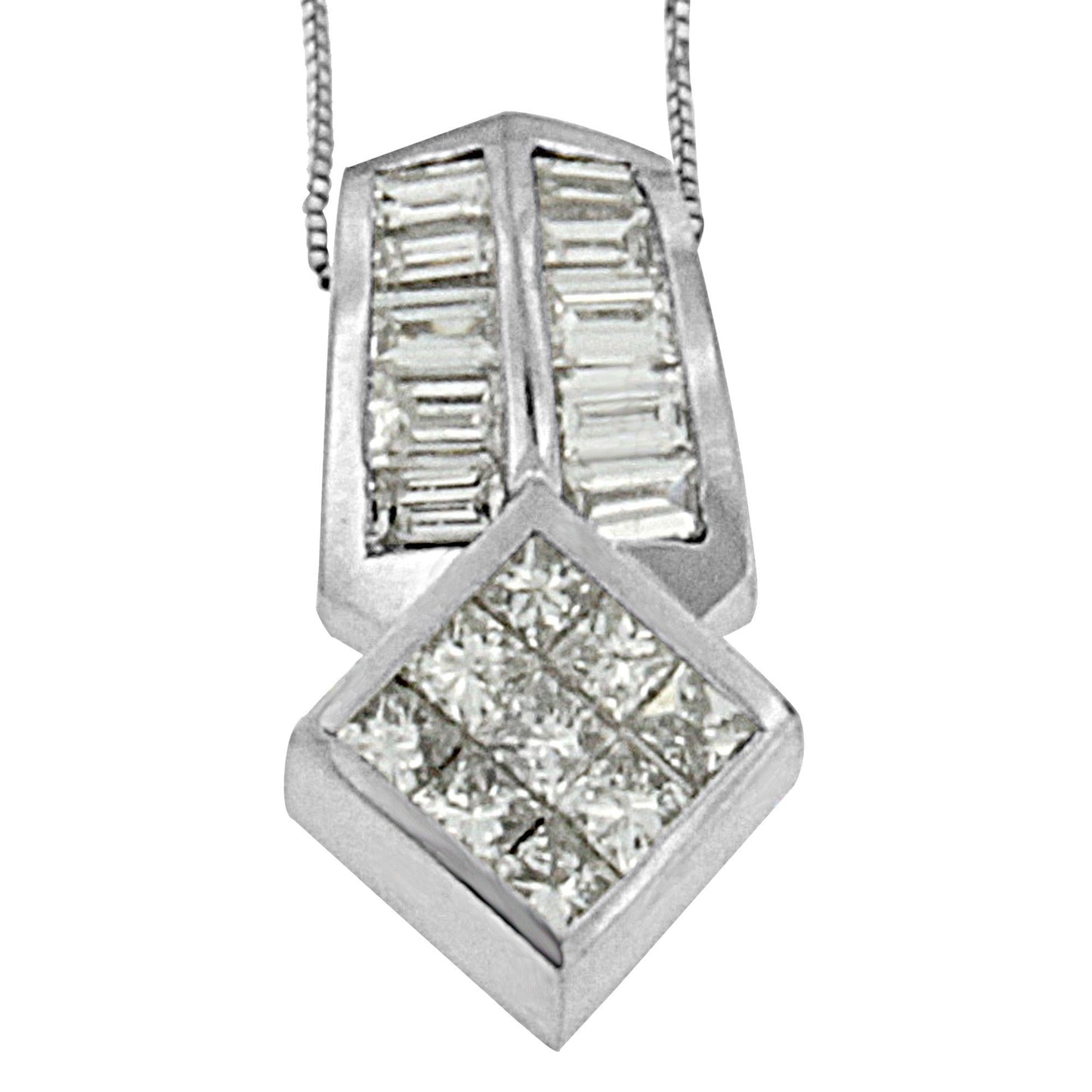 14K White Gold 1 1/2 cttw Princess and Baguette Cut Diamond Multi-shape Pendant Necklace (G-H, VS1-VS2)