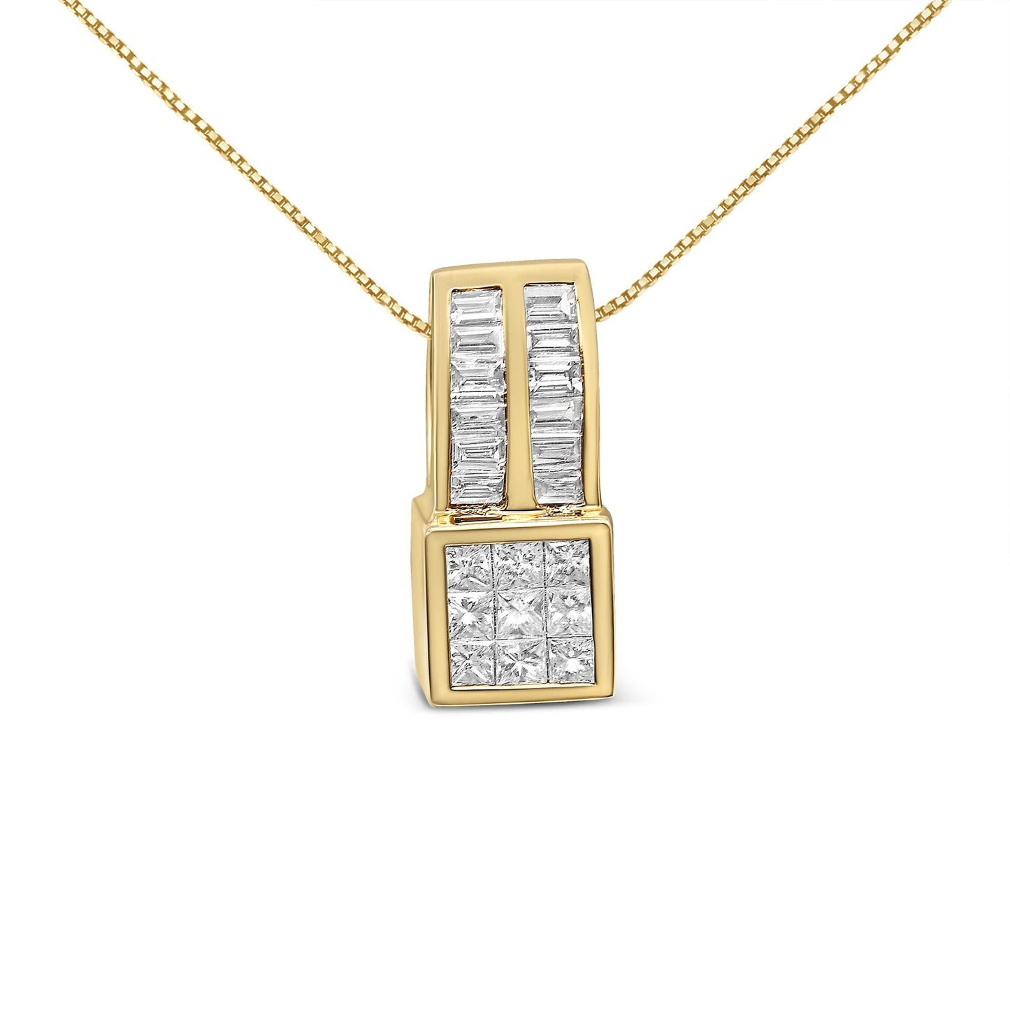 14K Yellow Gold 1 1/4 cttw Princess and Baguette Cut Geometric Inspired Diamond Pendant Necklace (H-I, VS1-VS2)